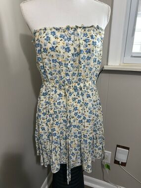 Floral Strapless Blue and Cream Summer Dress